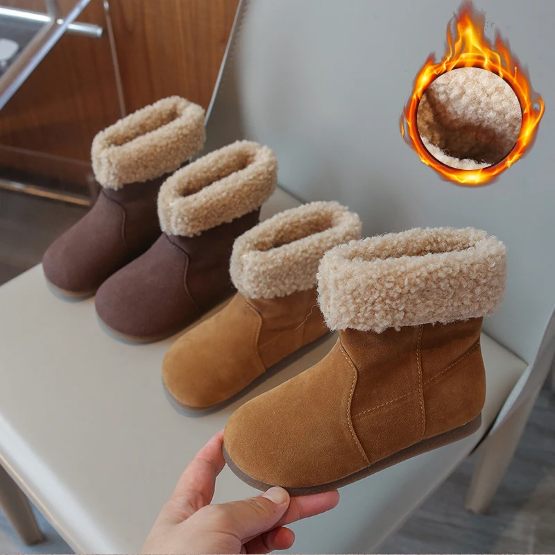 

Уютные ботинки из овечьей шерсти, детские теплые плюшевые ботинки на плоской подошве, зимние нескользящие пушистые зимние ботинки с круглым носком для мальчиков и девочек
