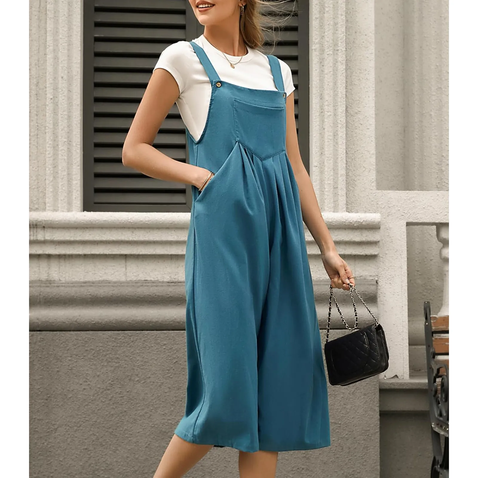 Women'S Summer Loose Jumpsuits Casual Sleeveless Wide Leg Capri Romper With Pockets High Waist Classic Button Bib Jumpsuits