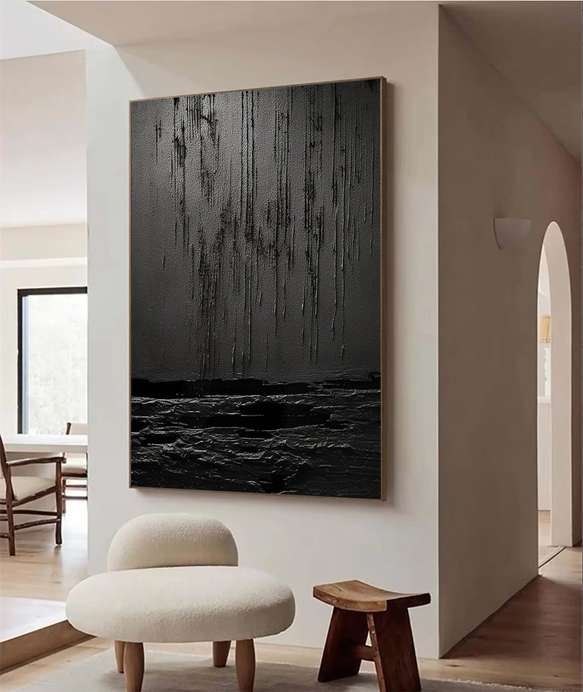 Black Texture Painting Oversized 3D Plaster Painting Contemporary Minimalist Painting on Canvas Abstract Wabi Sabi Wall Art