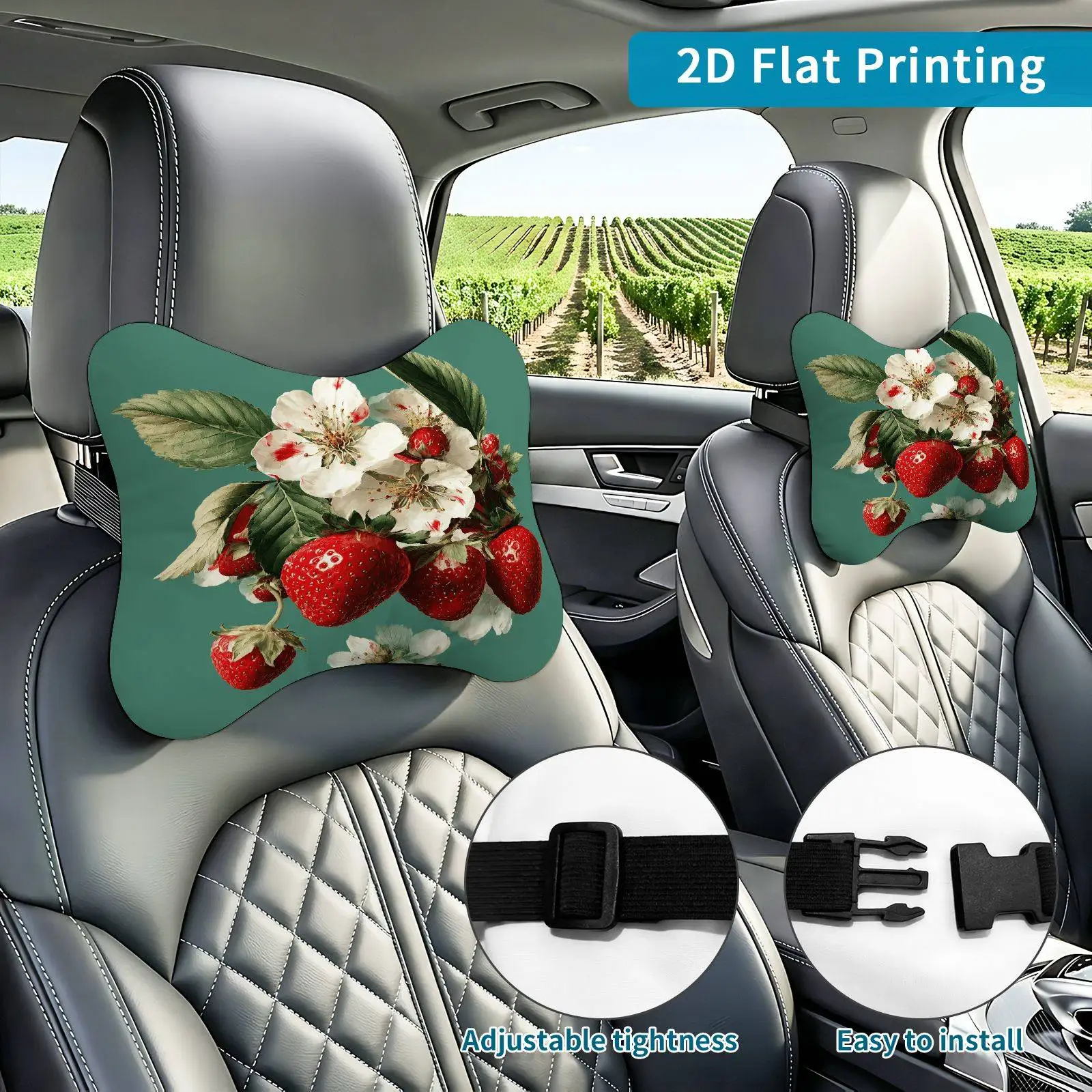 2pcs Strawberry Floral Pattern Car Seat Headrest, Neck Support Cushion, Suitable For All Seasons Of Car Additions, Strawberry Bl