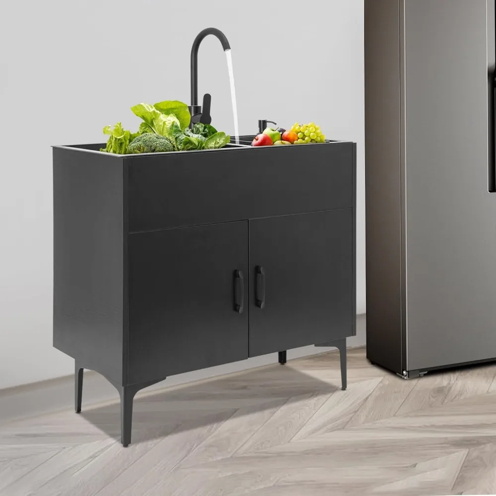 

32-дюймовый шкаф для белья на 360° ° Поворотный смеситель, универсальная раковина из нержавеющей стали со шкафом, отдельно стоящий черный шкаф с