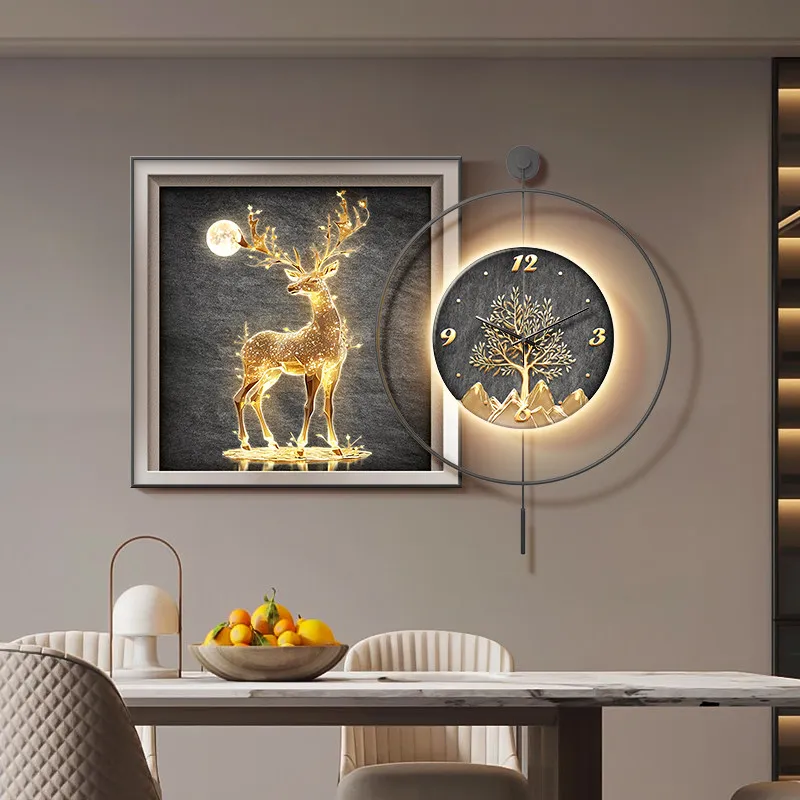 Luxury Clock LED Mural Lamps For Restaurant Decoration Deer Dining Hall Hanging Painting Home Living Room Background Wall Lights