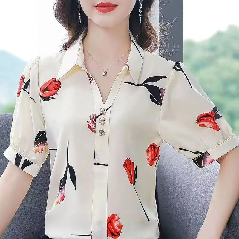 New Female Clothing Summer Short Sleeve Loose Turn-down Collar Tee Shirt Casual Blouse Button Floral Fashion Women Crop Tops