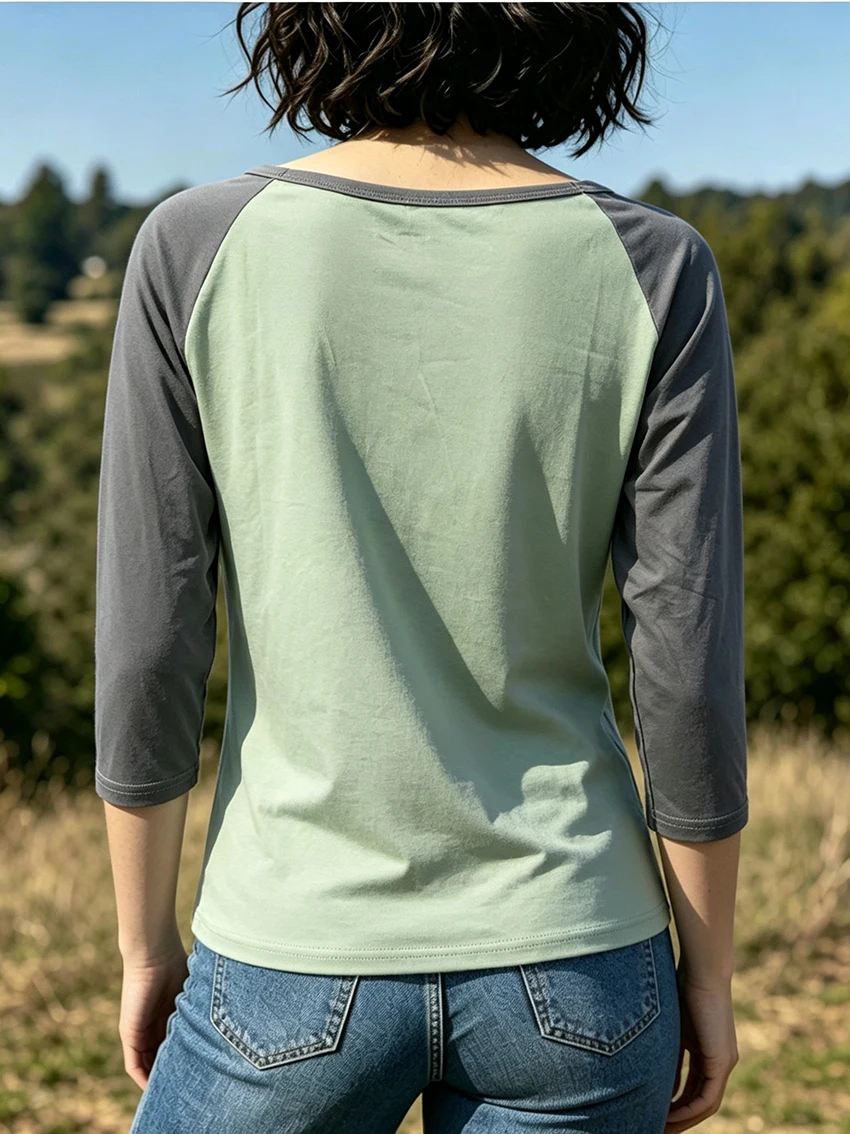 Ladies Fashionable Wide Neck 3/4 Sleeve Raglan Tee Aesthetic Cutlery Fork Knife Print Color Block Patchwork Casual Women T-shirt