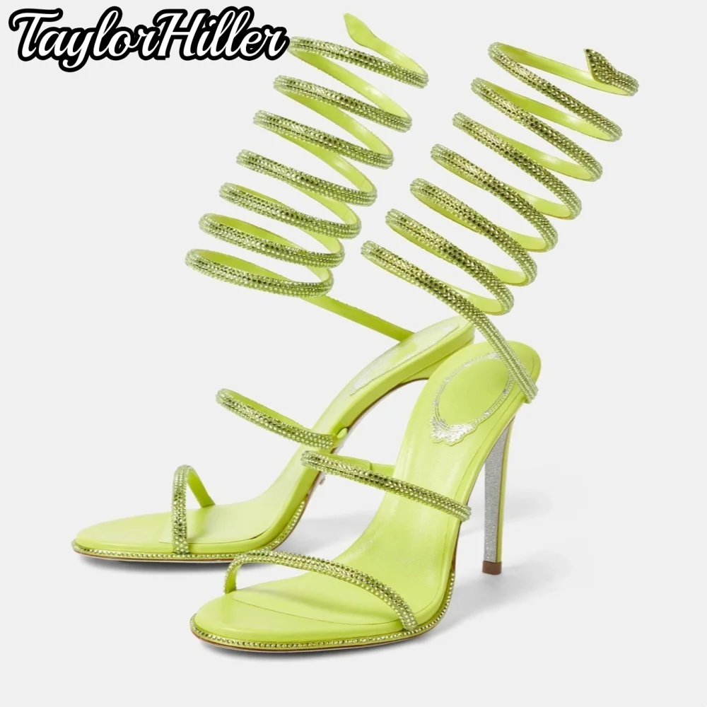 Sandales à talons vert émeraude en cristal, avec strass et motif serpent, double bride, talons hauts, à enfiler, pour femme, chaussures d'été