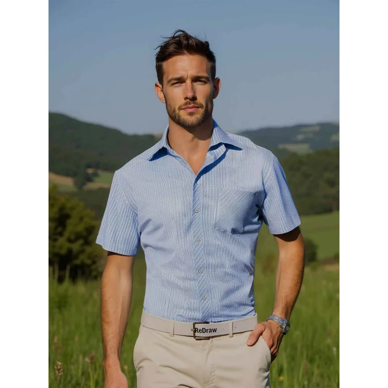 

2025American Style Summer Men's Mature Elegant Outdoor Interview Temperament Design Single-Breasted Short Sleeve Shirt