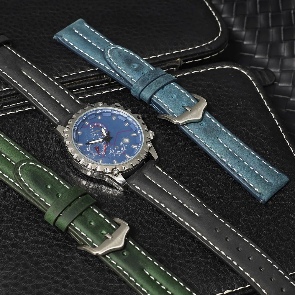 

20cm 22cm Vintage Genuine Leather Handmade Stitching Watchband Black Blue Brown Gray Watch Strap for Panerai for Men