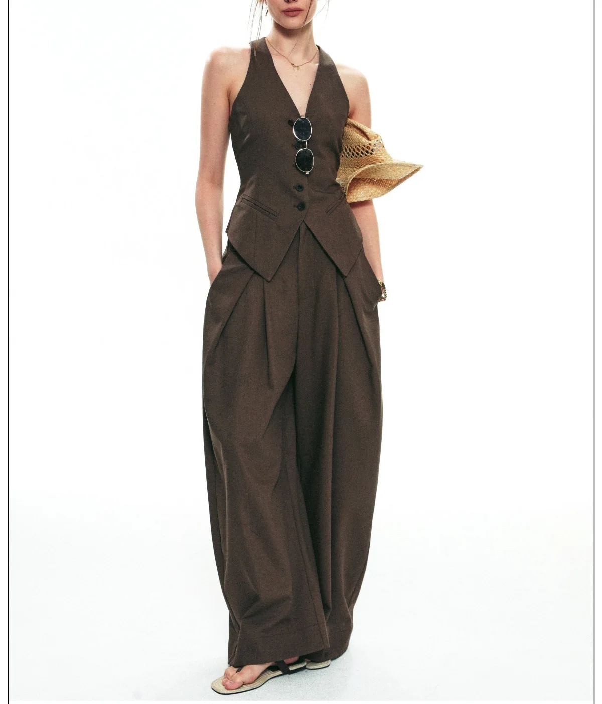 

Spring Summer Two Piece Pant Set New French V-neck sleeveless Vest Top casual slim-fit vest set with curved knife pants set