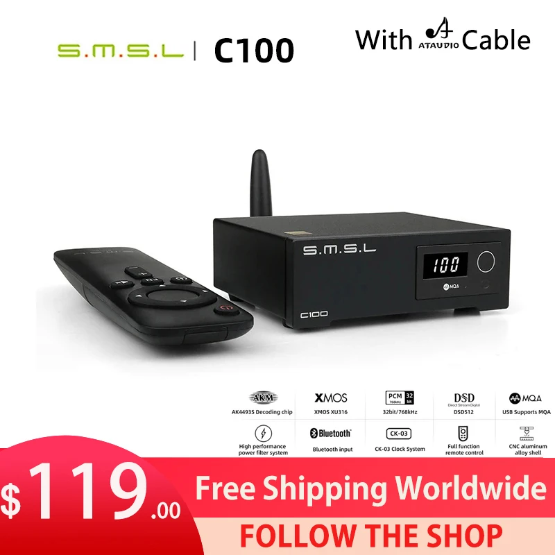 SMSL C100 USB MQA DAC AK4493S XMOS XU316 DSD512 32Bit 768KHZ CK-03 على مدار الساعة البصرية محوري بلوتوث فك مع جهاز التحكم عن بعد