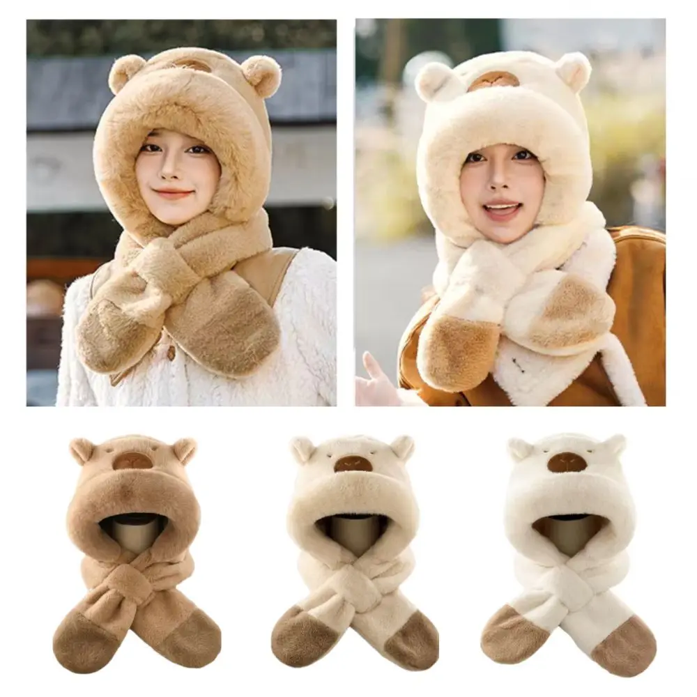 

Cute Winter Integrated Cap Scarf Thickened Windproof Capybara Hooded Scarf Set Fleece Lined Thermal Kids Winter Warm Hat