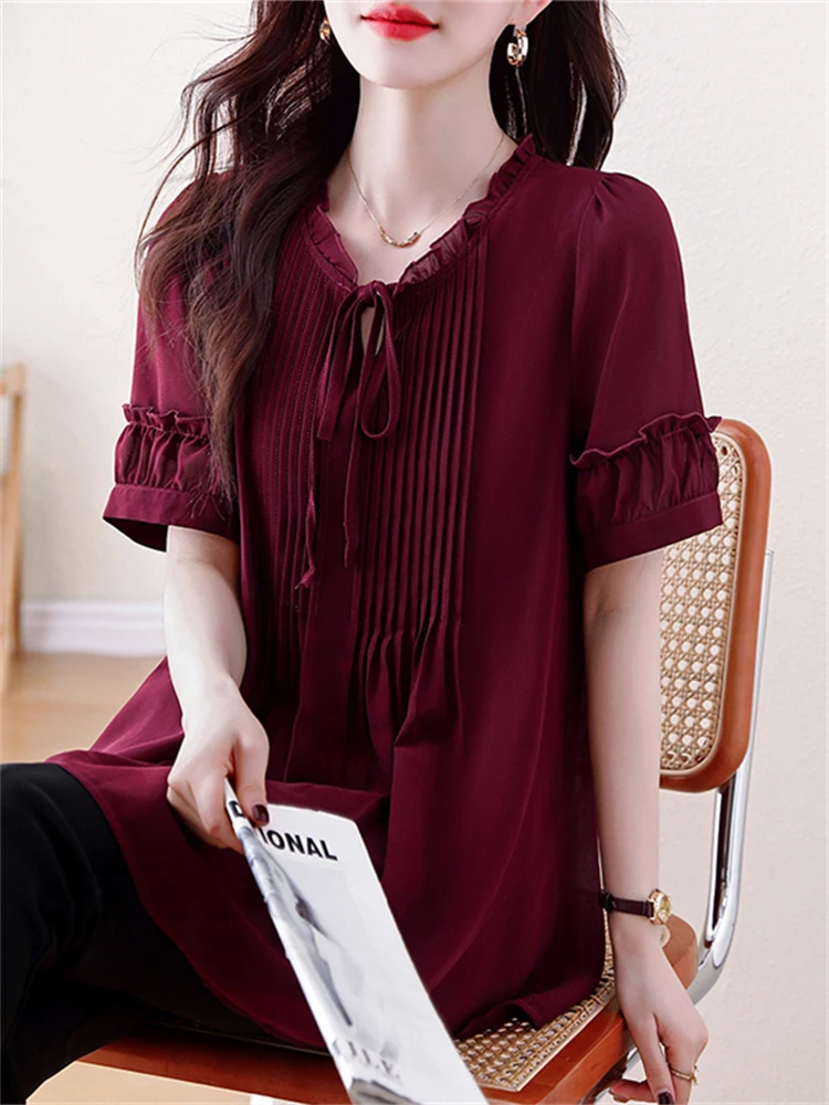 

Wine Red Color Women's ort Sve Chiffon irt Loose Casual Mid-Length Top Summer New Sle Loose Fit Commute Sle irt