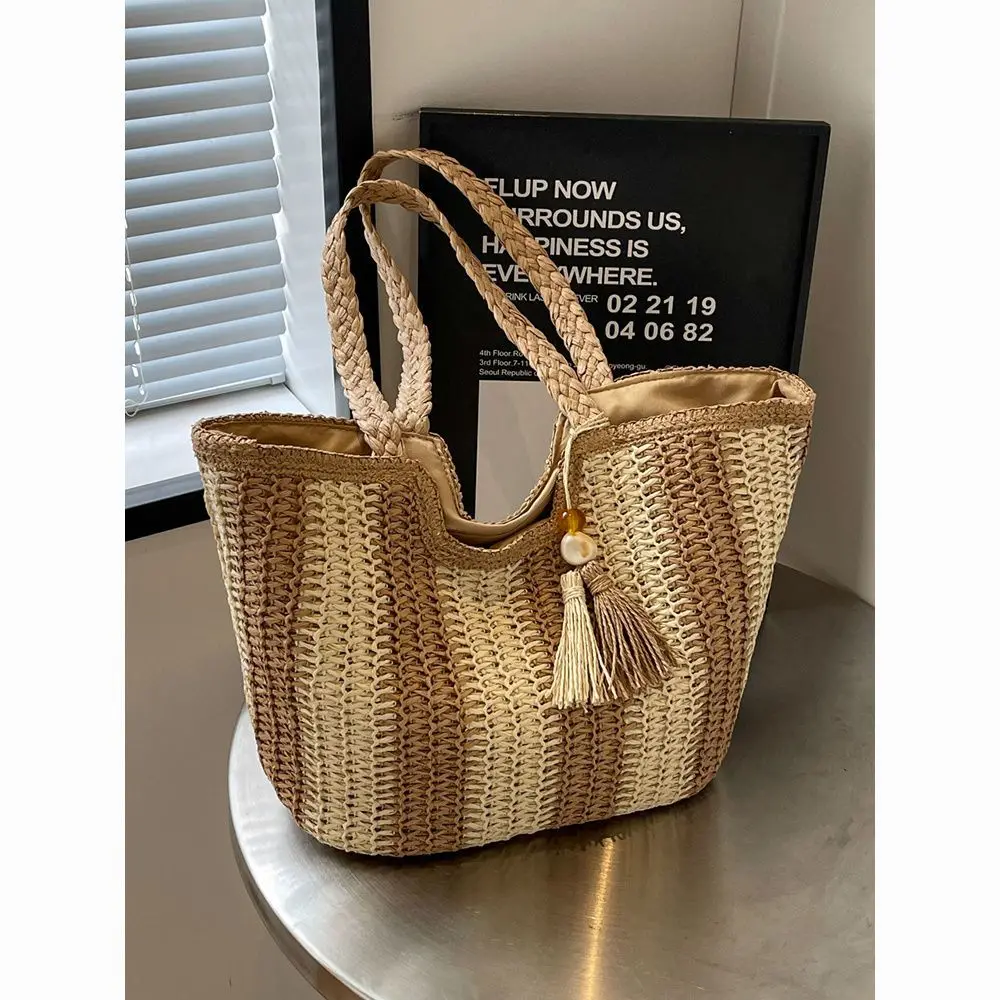 Straw Bag Ladies New Beach Seaside 2024 Vacation Hundred Shoulder Bag Large Capacity Weaving Commuter Tote Bag