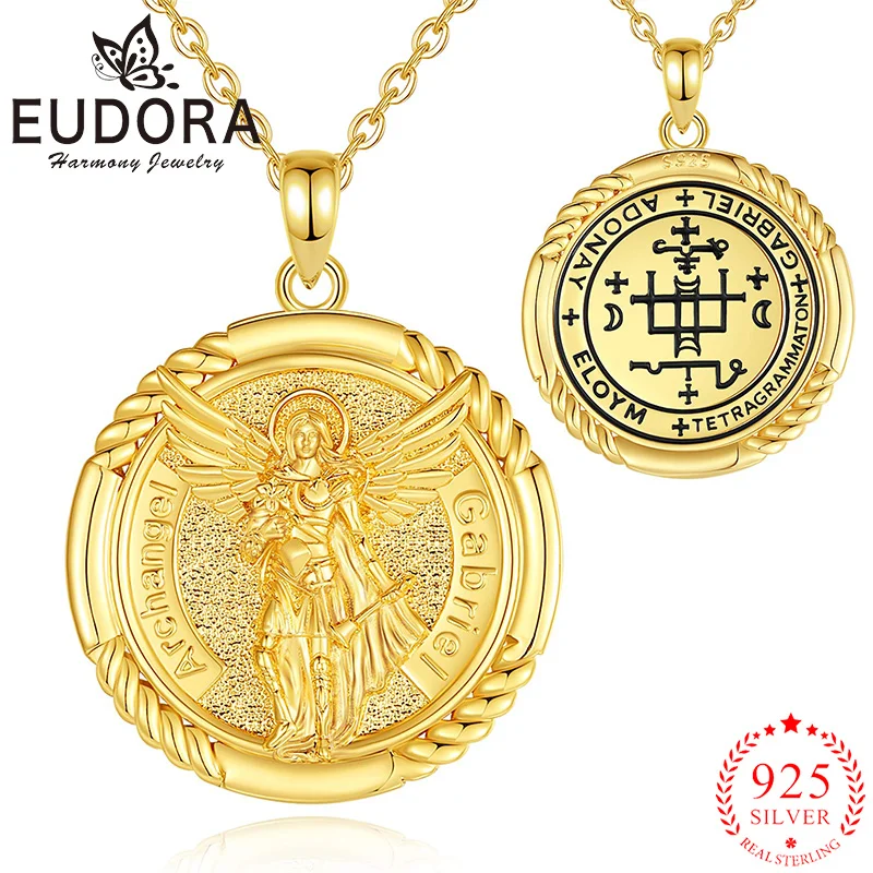 Eudora 925 Sterling Silver St.Gabriel Archangel Necklace 18K Gold Religious Rune Amulet Pendant Men Women Personality Jewelry