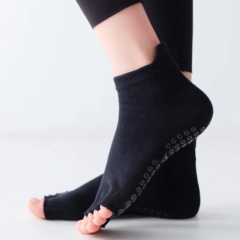 Calcetines de algodón transpirables con agarre de silicona para Yoga, medias antideslizantes de media punta para Fitness, Ballet, baile, gimnasio, Pilates, Punta abierta, cinco dedos