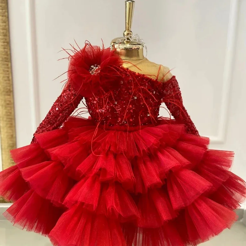 

Luxurious Feather Child Birthday Party Dress Sparkly Girl Wedding Party Dress Puff Flower Girl Dress Cute Baby Dress First Gown