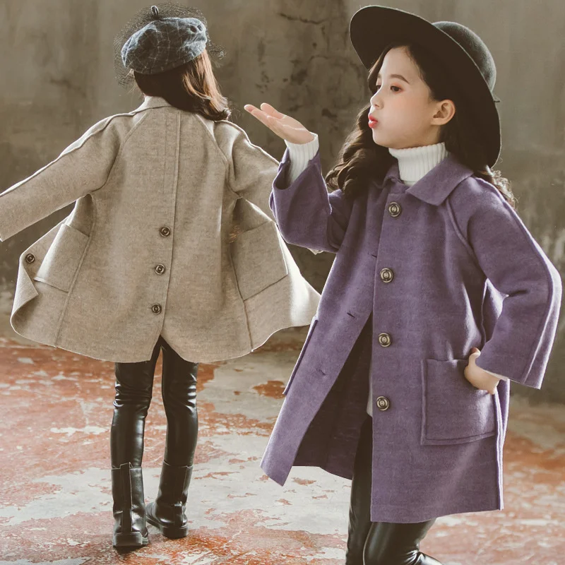 Girls Woolen Coats Baby Winter Cute Outerwear 2023 New Children Casual Jacket Kids Autumn Overcoat Solid Colour Windbreaker