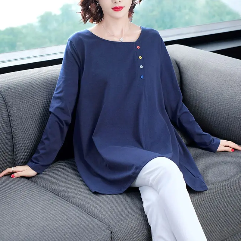 ربيع الخريف منتصف طول كم طويل تي شيرت فضفاض جولة الرقبة قاعدة قميص المرأة #6