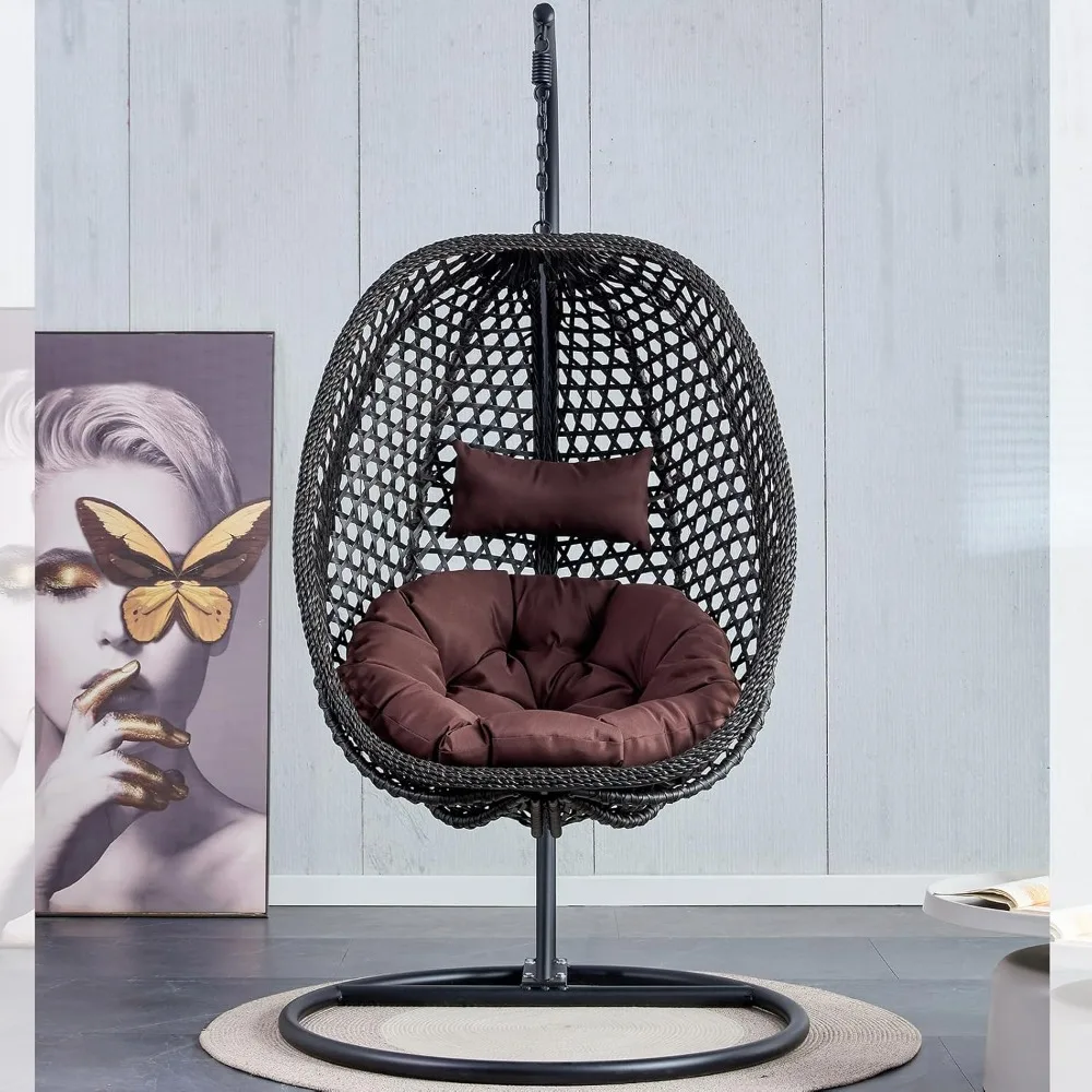 Hanging Egg Chair ,Rattan Swing Chair with Foldable Basket,Hammock Chairs with Metal Stand,Lounge Chairs for Garden Backyard