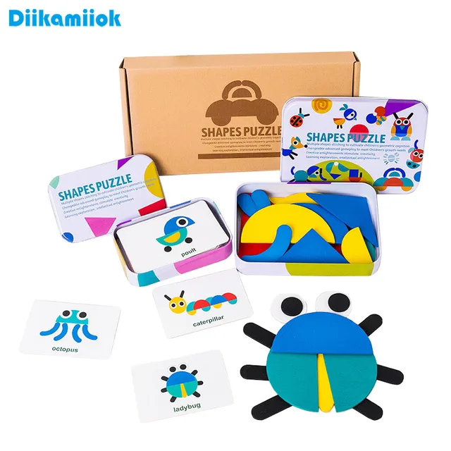Kształty geometryczne drewniane puzzle 3D dla dzieci układanka Tangram gry Montessori dzieci drewniane zabawki edukacyjne z pudełkiem