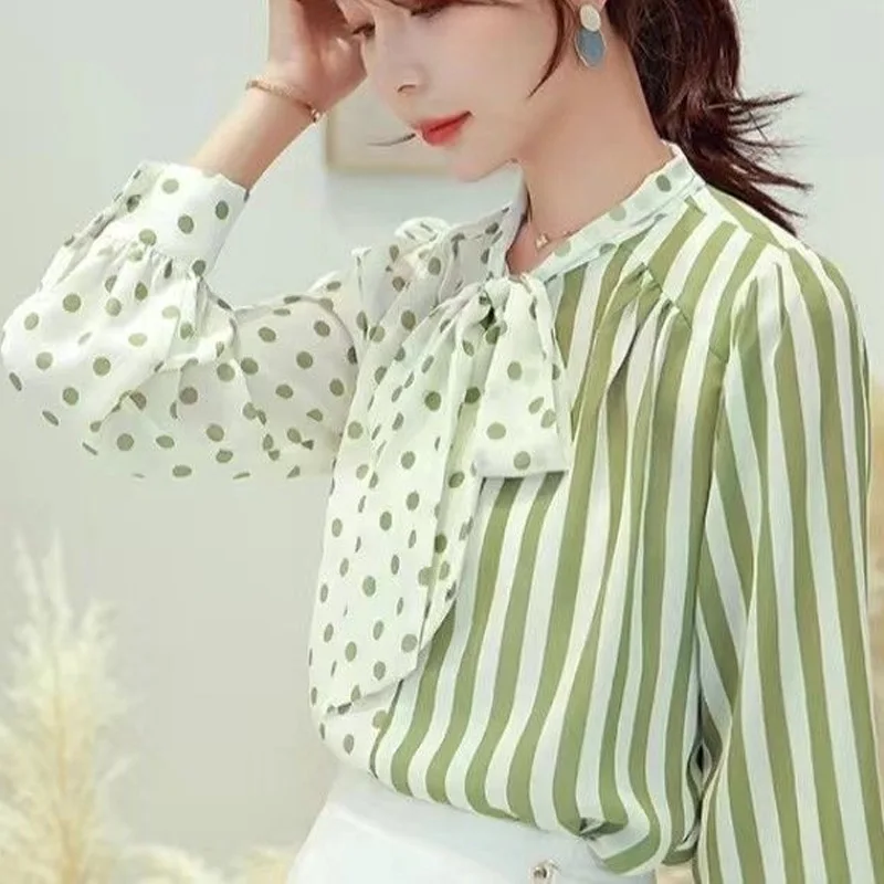 Spring Summer Bow Patchwork Striped Print Thin Blouse Long Sleeve Contrast Loose Office Shirt Tops Elegant Fashion Women Clothes