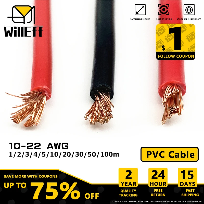 

Soft Copper wire Black Red PVC Flexible cable 110v 240v 380v Electrical wires For LED Power Car Speaker Audio Wiring 10-22 AWG