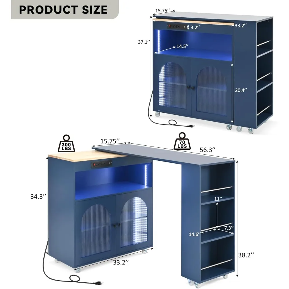 Kitchen Island Cart with Extended Table, Rolling Kitchen Island on Wheels with LED Lights&Power Outlets&Storage Compartment, Sid