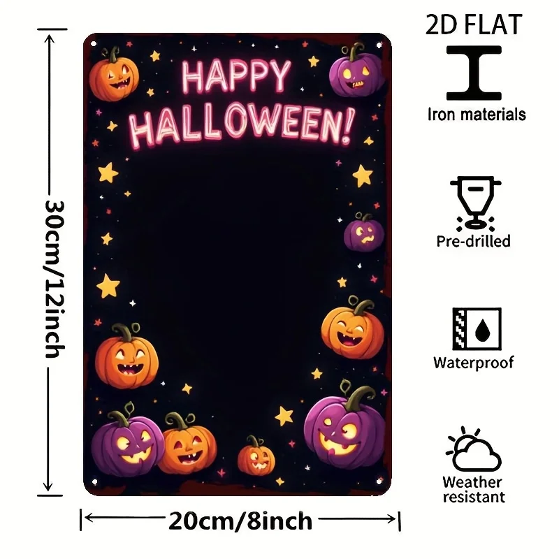 Metal Iron Sign, Happy Halloween Jack-o'-Lantern Stars Decor Tin Art Festive Wall Plaque for Home Bar Haunted House Party, 20