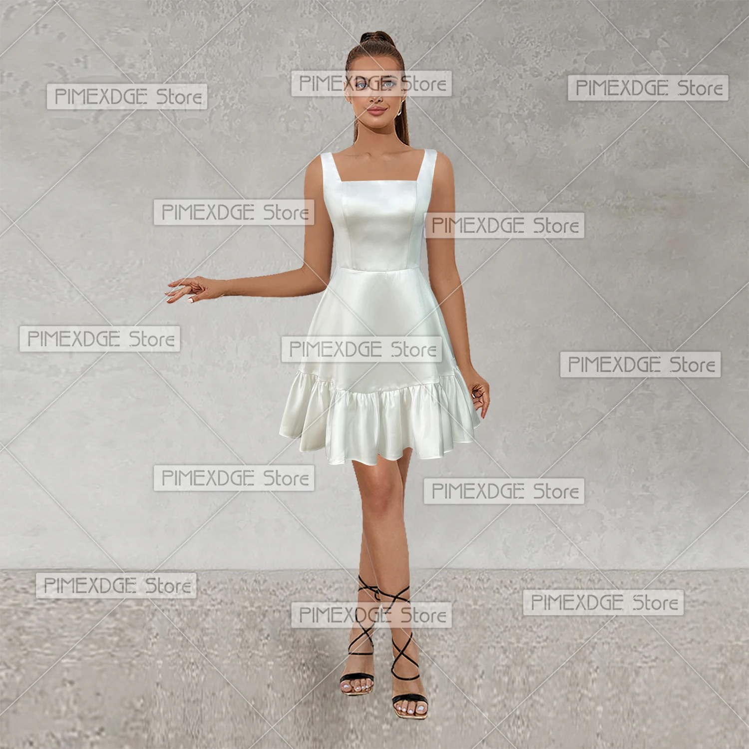 

Mini Satin Wedding Dresses A-Line Square Neck Sleeveless Backless Bridal Above Knee Dresses for Wedding Party Banquet Vacation C