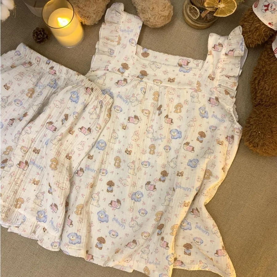 الدانتيل مرحبا كيتي منامة مجموعة المرأة الصيف الأزرق المشارب الحمالات السراويل ملابس المنزل فتاة طالب المتسكعون دعوى ملابس خاصة