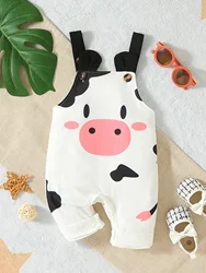 Baby Cute Sleeveless unisex Summer Cartoon Cow White Suspender Trousers For Casual Daily Wear