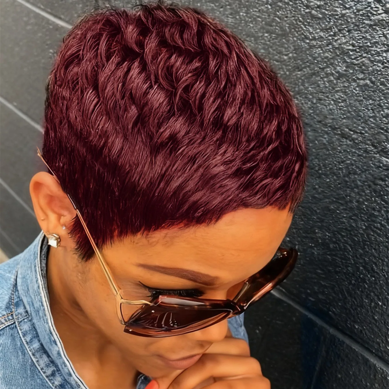 شعر مستعار بشري قصير مستقيم الطبقات بلون بني وأسود بورجوندي مصنوع آليًا للنساء للاستخدام اليومي للحفلات #5