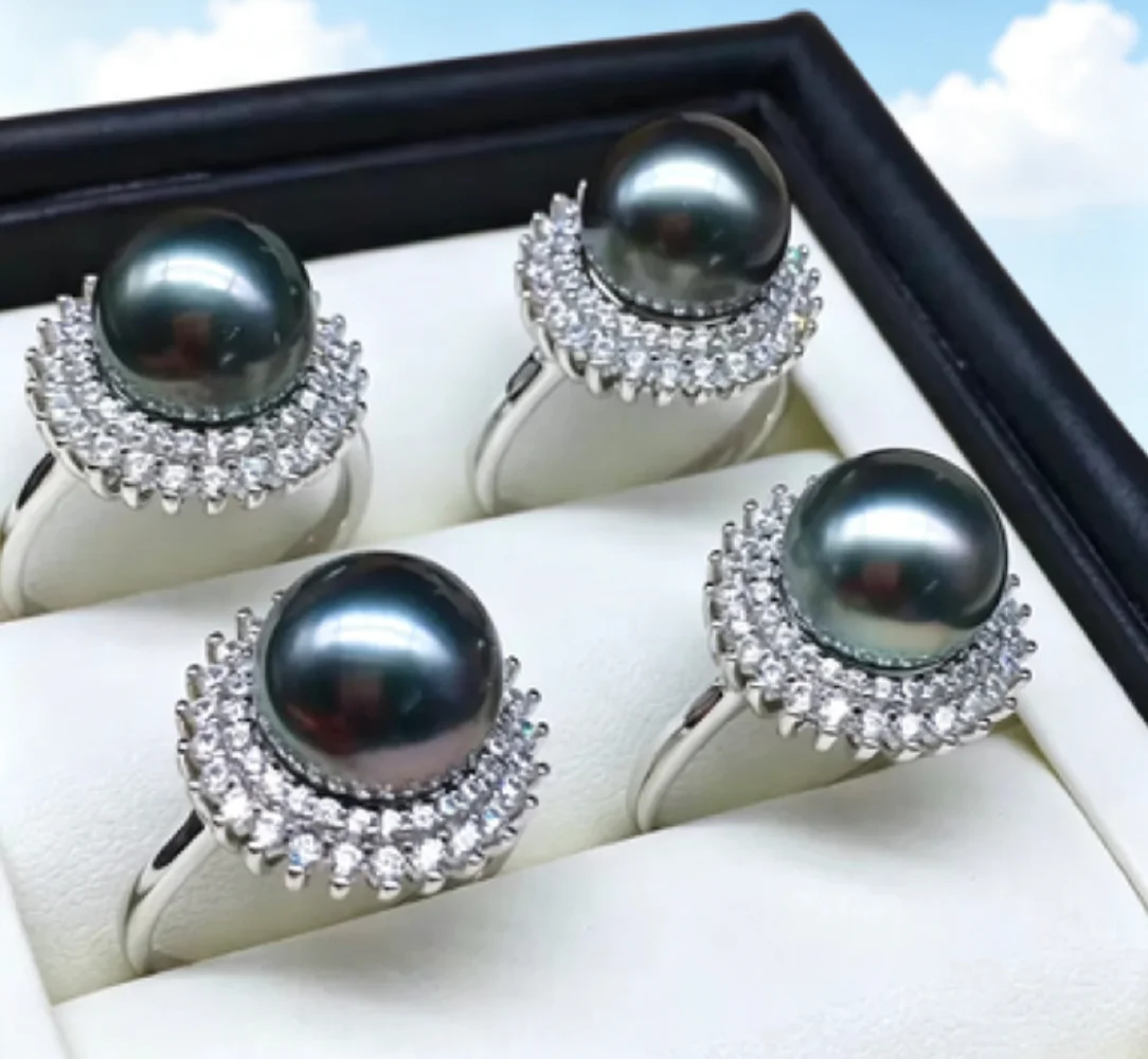 Natural Tahiti Black Pearl Ring AAAA 11-12mm /925 Silver Adjustable Ring