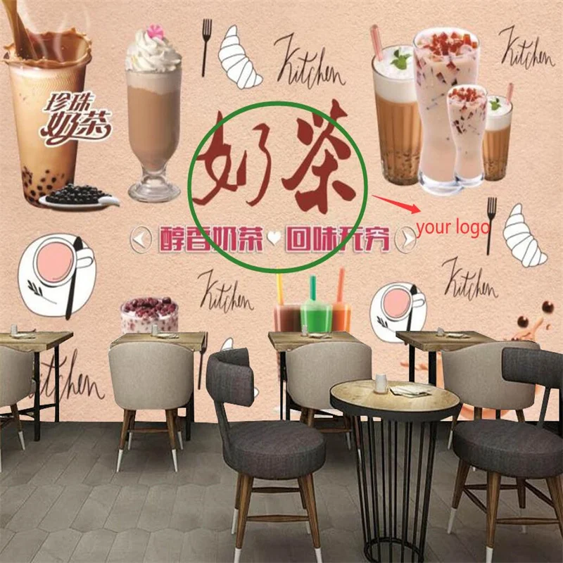 Nordic Hand-painted Milk Tea Shop Industrial Decor Custom Wallpaper Bubble Tea Shop Dessert Shop Decor Mural Wall Paper 3D