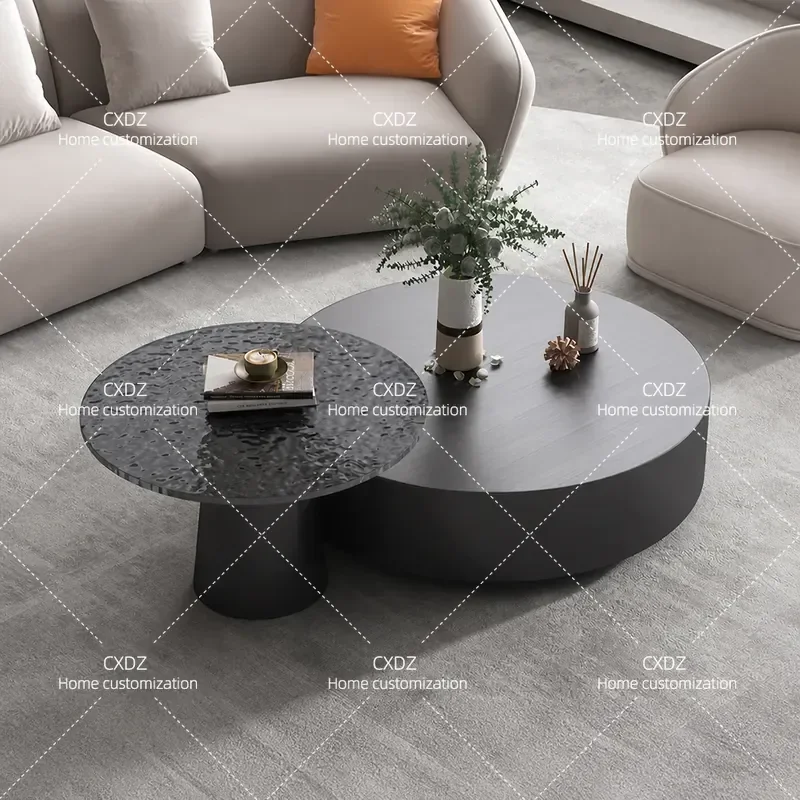 Light Luxury Water Pattern Glass Coffee Table Round Rock Slab Top Modern Living Room Furniture Small Apartment Household