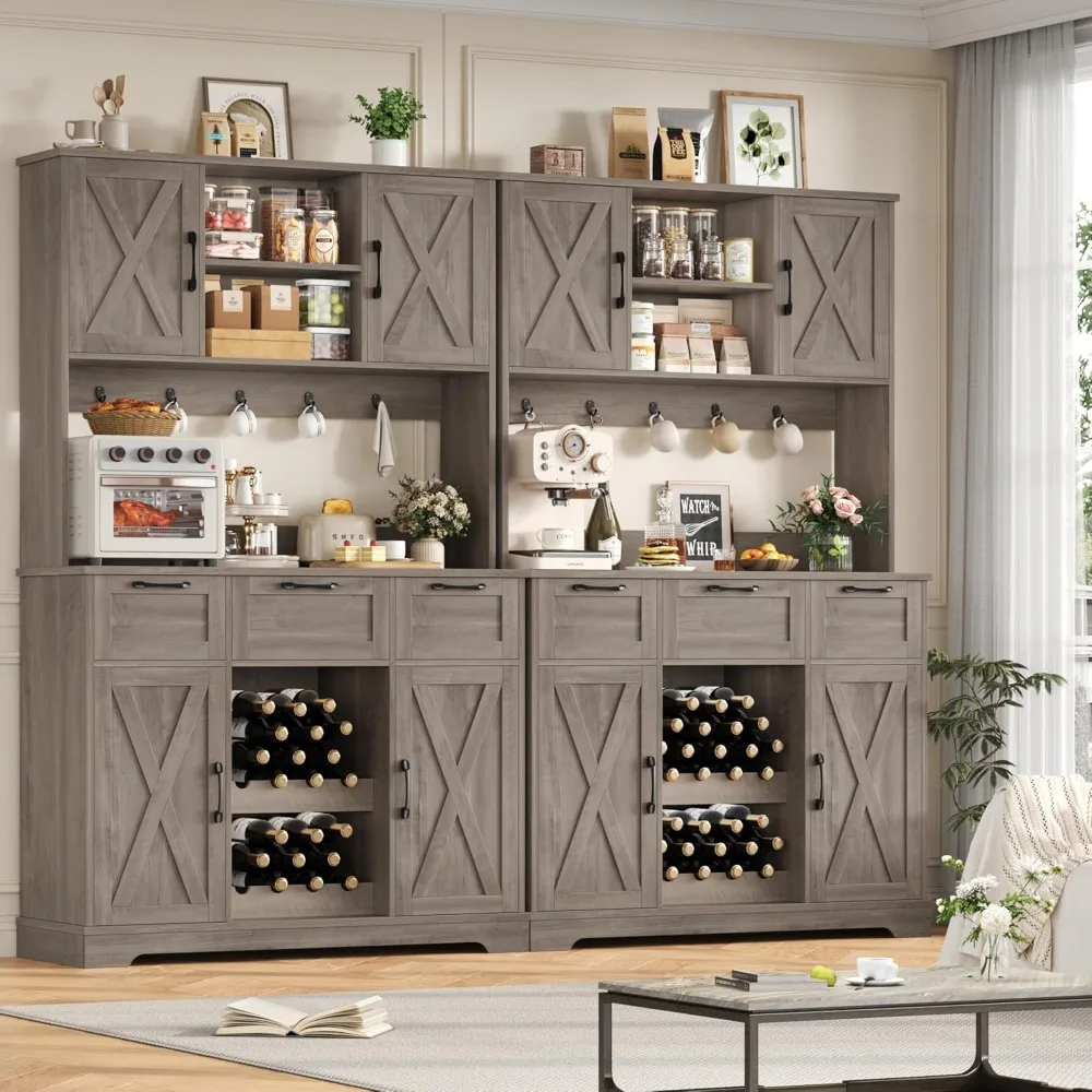 Farmhouse Style Kitchen Pantry Hutch with Storage, Coffee Bar, Wine Rack, and Microwave Stand, Tall Storage Cabinet