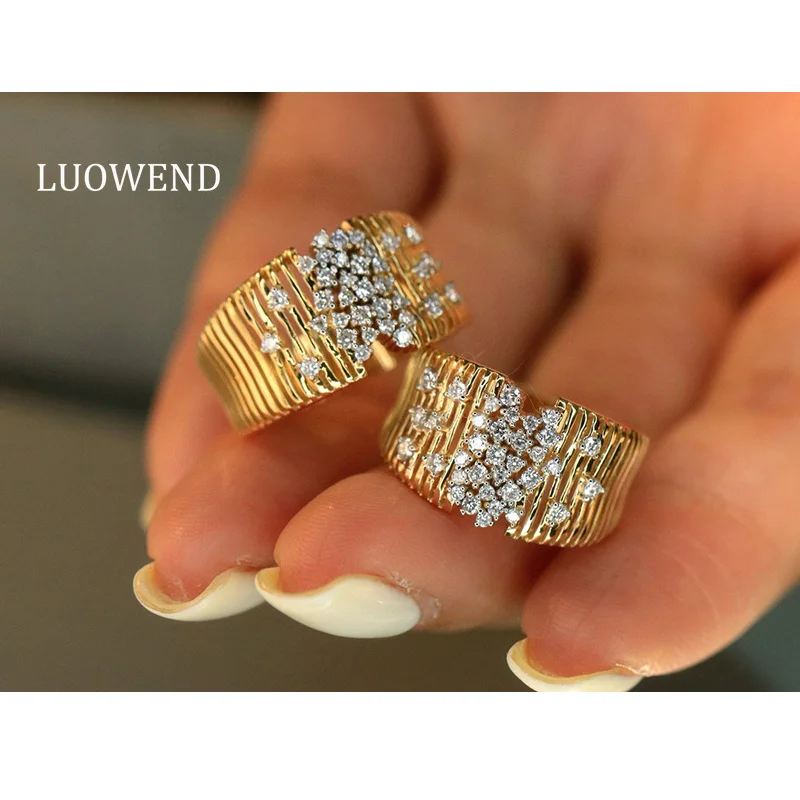 LUOWEND 100% 18K Yellow Gold Rings Luxury Fashion Design Real Natural Diamond Cocktail Ring for Women High Party Jewelry