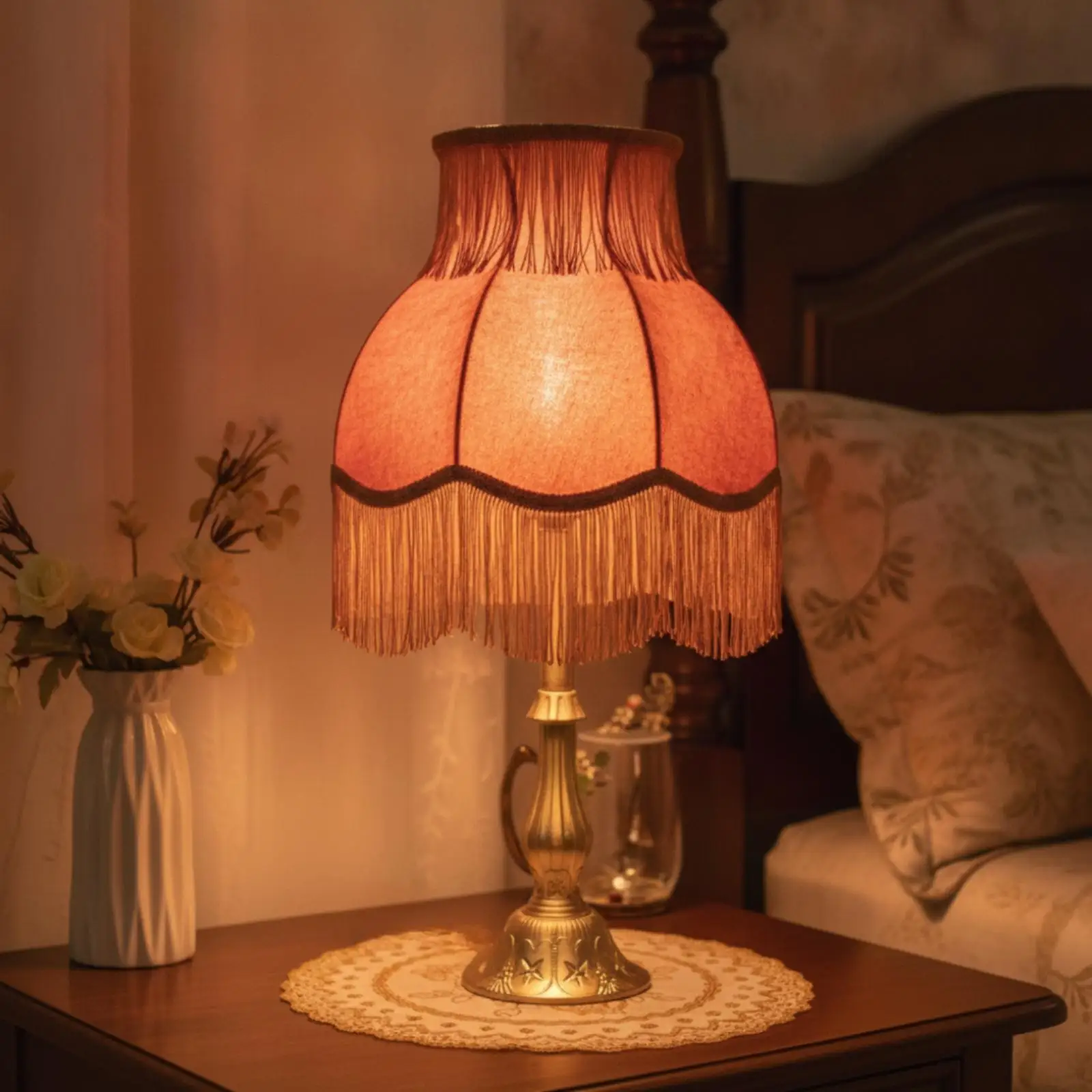 Lamp with Fringe Trim Elegant Vintage Table Lamp Traditional for Bedroom, Living Room, Reading Corner