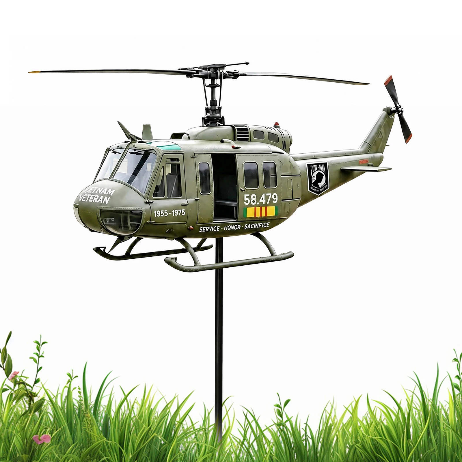 Metal Patriotic Helicopter Windmill Stake w/ Spinning Propeller Outdoor Airplane Sculptures Ornament Decor for Garden Lawn Gift