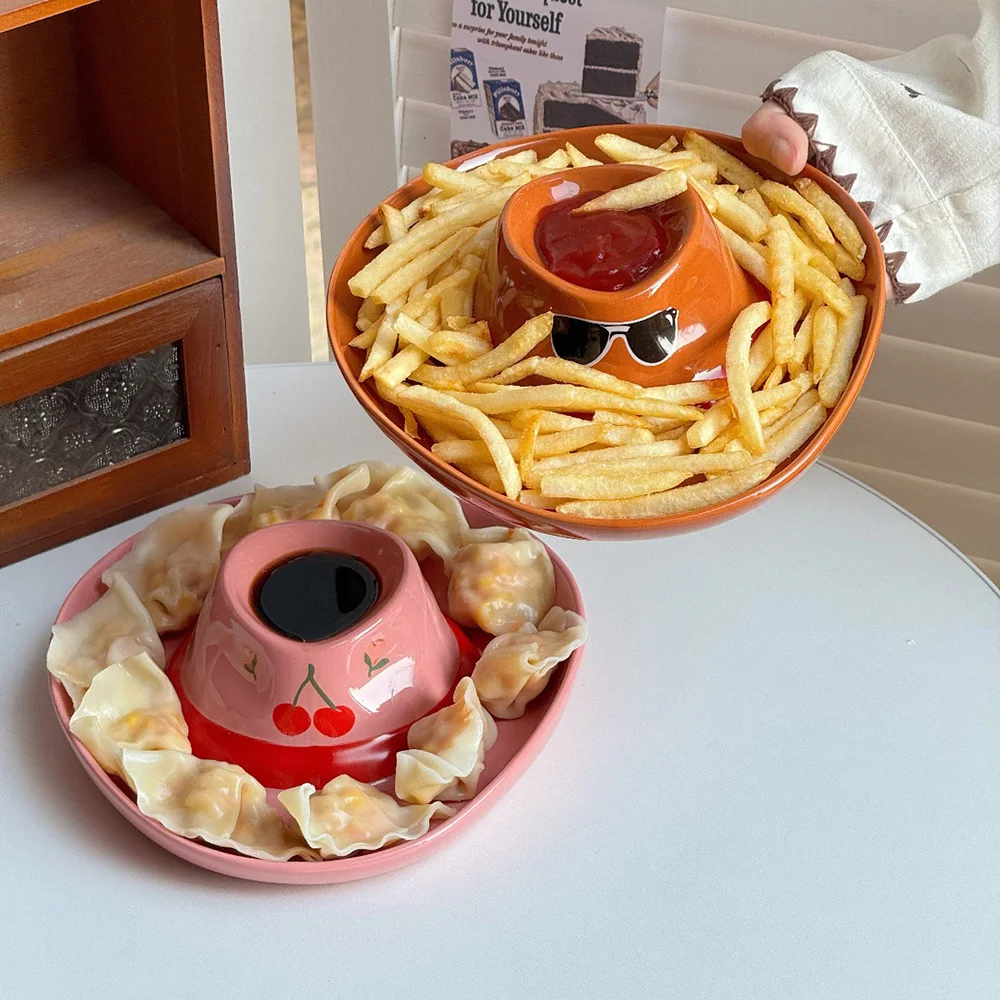 Novelty Cowboy Hat Ceramic Tray Built in Divided Compartment Food Plate Entryway Key Sundry Storage Household Decor Ornament