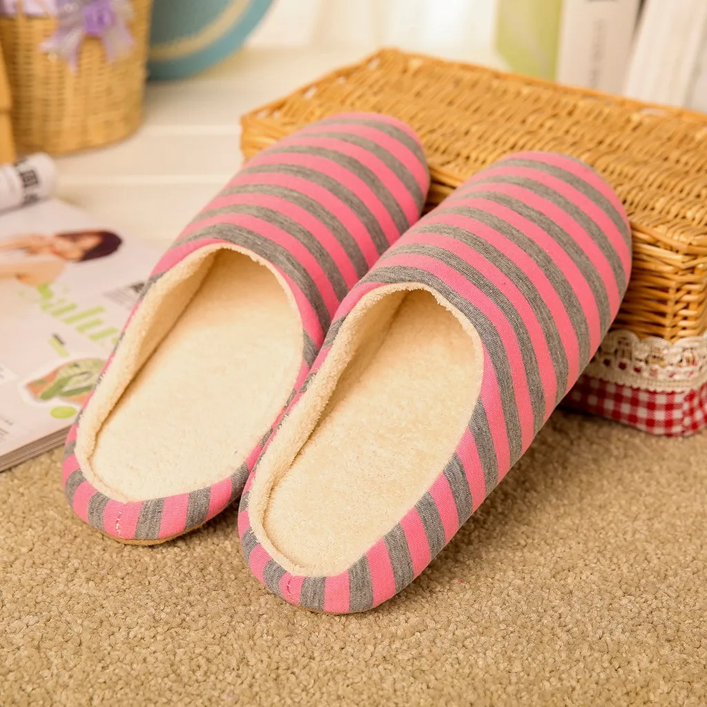 Women House Shoes 2023 Soft Striped Indoor Mute Cotton Slippers Non-Slip Slippers Warm Plush Unisex Comfort Home Floor Slipper