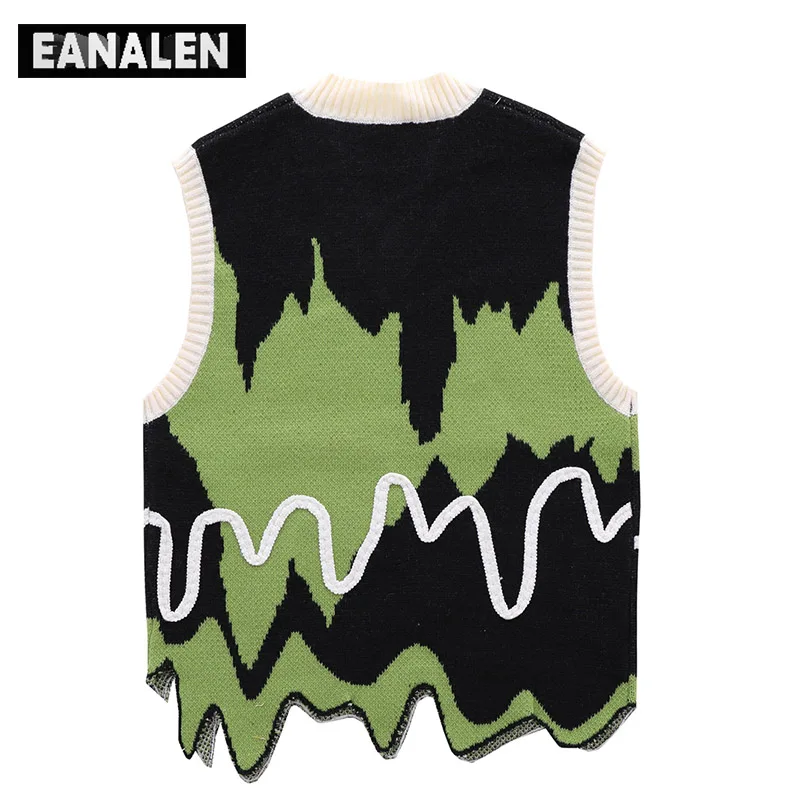 Harajuku Black Green Colorblock Jumper Sweater Vest Women\'s y2k Retro Oversized Knitted Ugly Sleeveless Sweater Men\'s Aesthetic