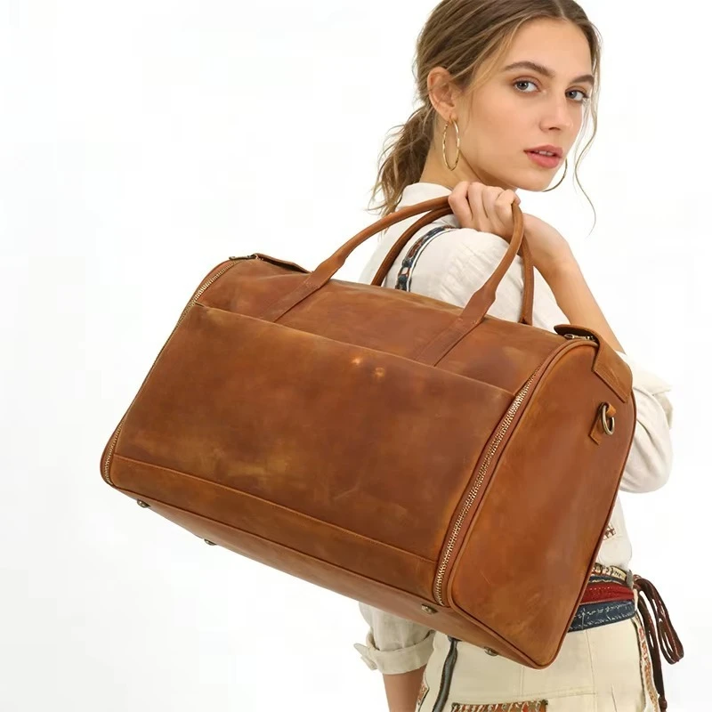 Customized Leather Luggage Bag, Weekend Travel Bag, Large Capacity Gym Overnight Bag, OEM Own Brand