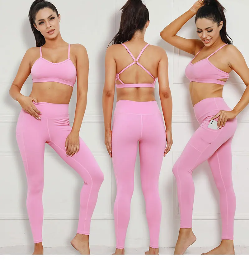 Summer Women Active Wear Breathable Adjustable Strap Cross Back Bra With Pocket Leggings Comfortable Yoga Gym Fitness Sets