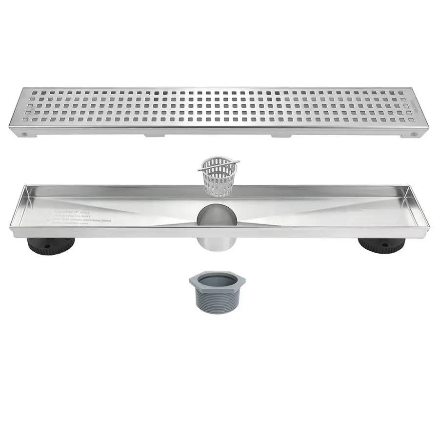 

18Inch Brushed Linear Shower Drain with Removable Quadrato Pattern Cover, 304 Stainless Steel Rectangle Shower Floor Drains, Bat