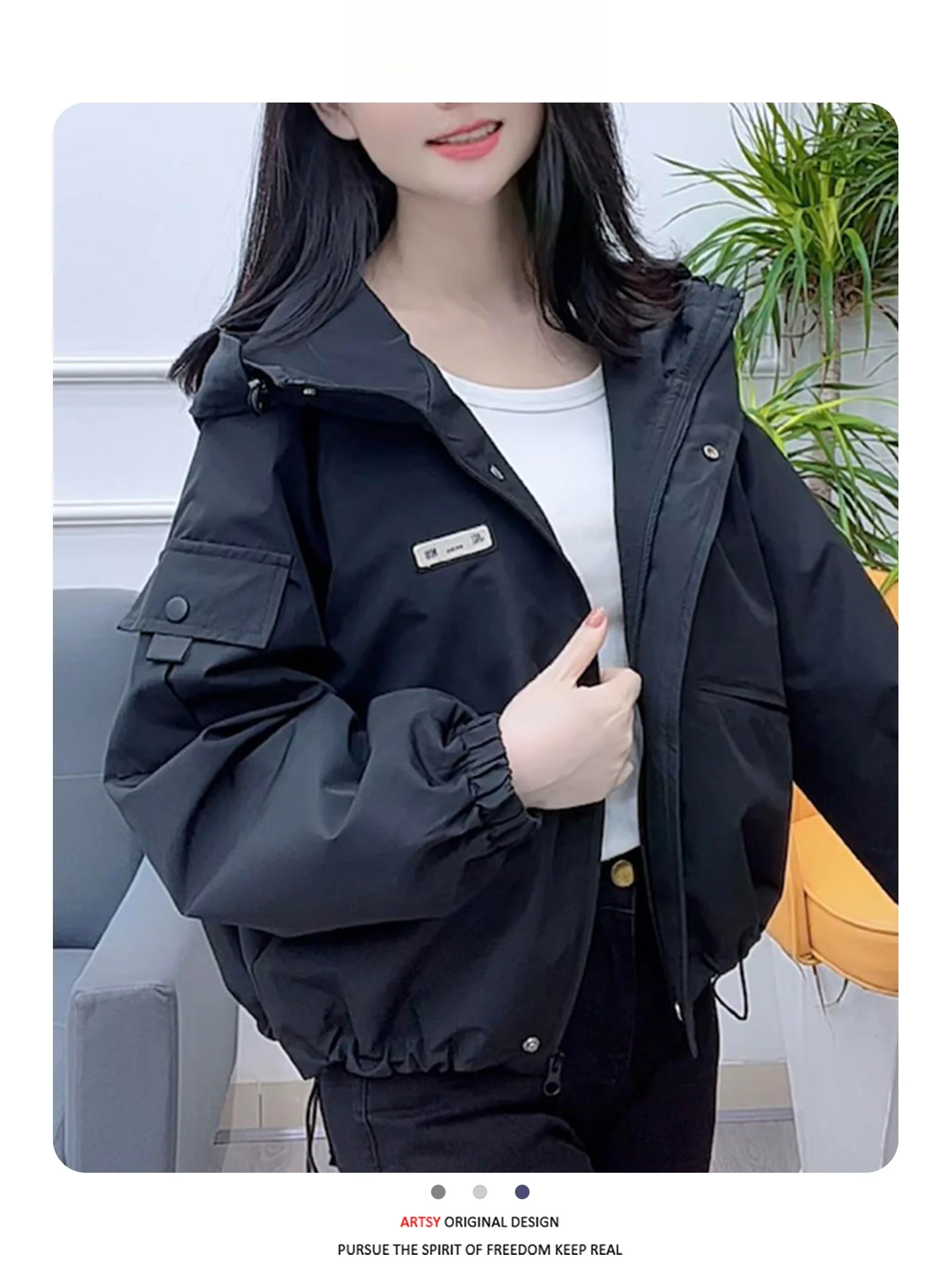 

Женская осенняя куртка свободного кроя с капюшоном, новая, повседневная, теплая, простая, на пуговицах и молнии