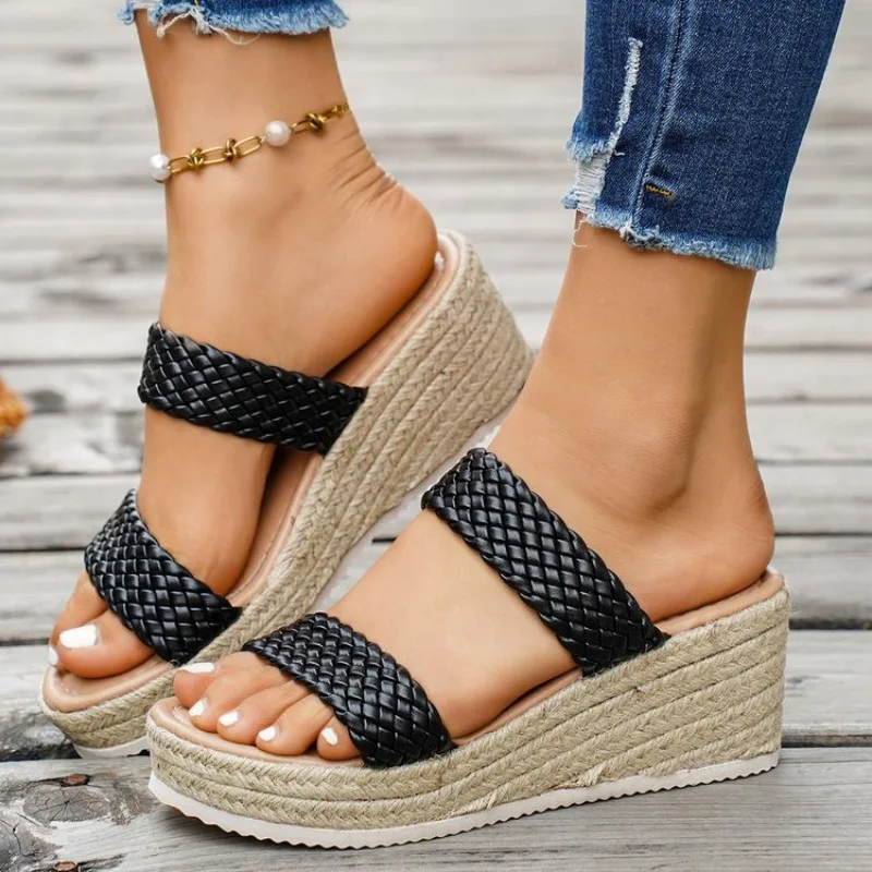 

Women's Woven Decorative Wedge Slippers in Summer Are Comfortable, Non-slip and Simple Open-toe Slippers Zapatillas De Mujer.