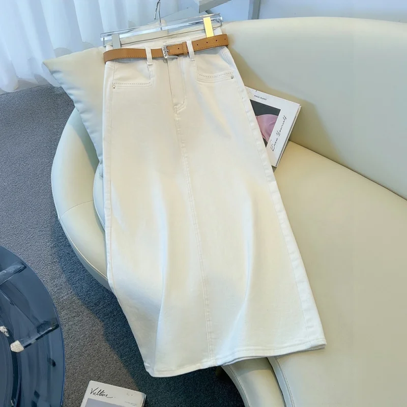 

White Denim Midi Skirt for Women, and Winter A-Line Straight Skirt, Petite Bodycon Skirt