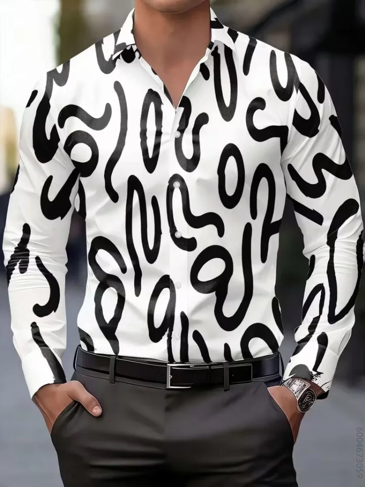 Men Long Sleeve Shirt Black White Gradient Floral Print Turn Down Collar Button Up Autumn Winter Daily Casual Top Men's Clothing