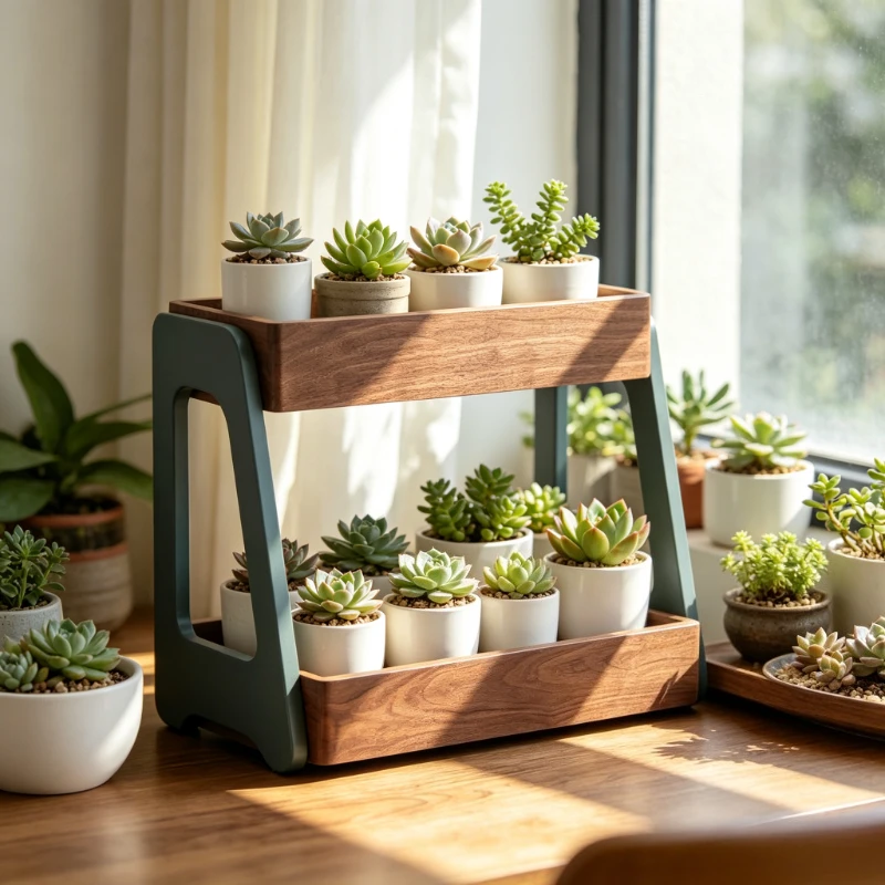Solid Wood Double Layer Plant Stand, Sloped Succulent Display Shelf for Balcony, Aesthetic Indoor Green Plant Rack Use
