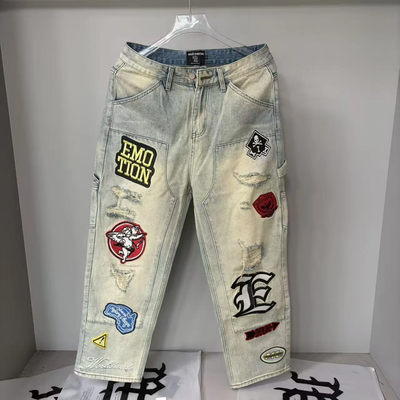 

Waed Vintage Mixed Emotion American High Street Sle Denim Jeans ex Straight Leg Casual Pants Cotton Fabric